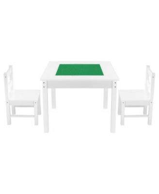 Kids Play Table with 2 Chairs, Double-Sided Building Block Surface and Storage Space