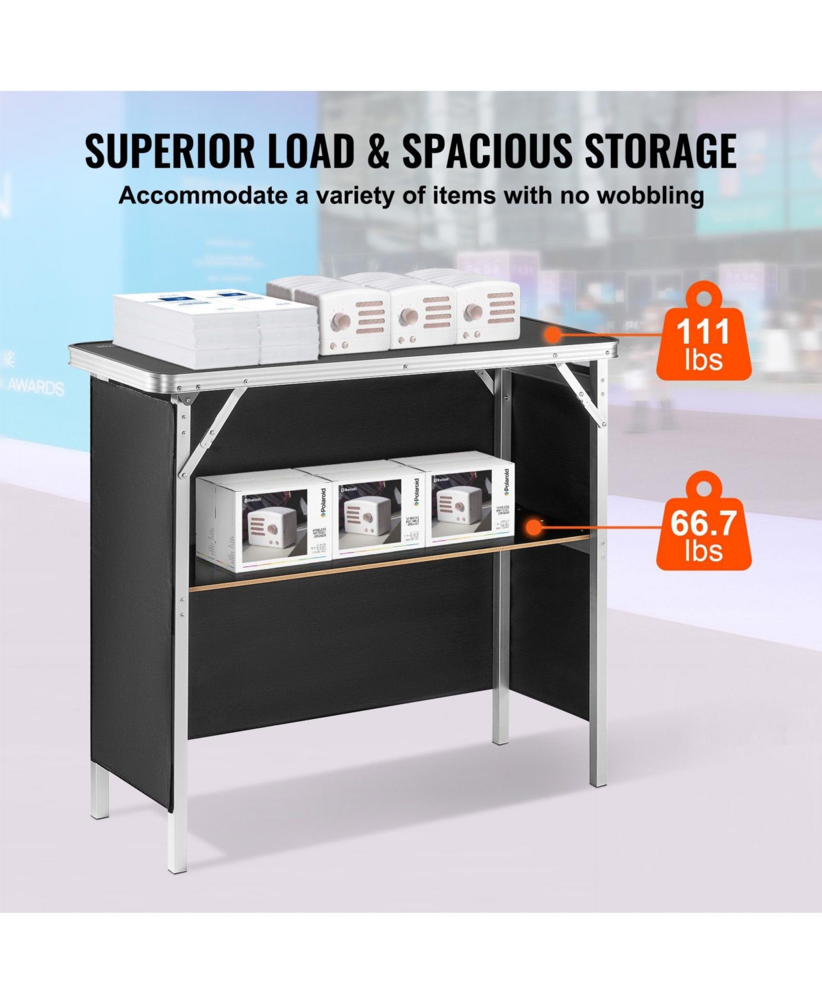 Mountaintop Folding Bar Table, Tradeshow Podium Table for Indoor, Outdoor, Party, Picnic, Exhibition, Includes Carrying Case, Storage Shelf