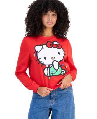 Juniors' Hello Kitty Graphic-Print Ribbed Fleece Crewneck Long-Sleeve Sweatshirt