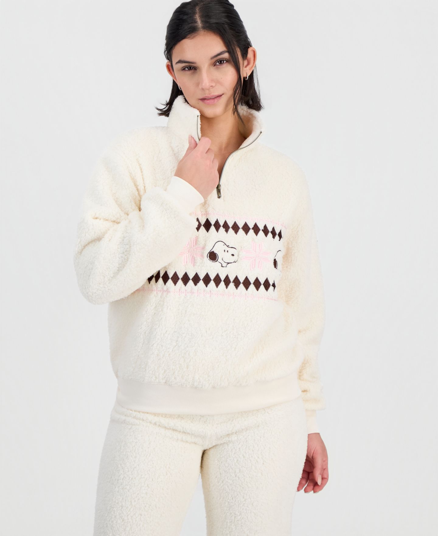 Женский свитер Grayson Threads, The Label Snoopy Sherpa Quarter-Zip Pullover, цвет: Молочно-белый — фото 1