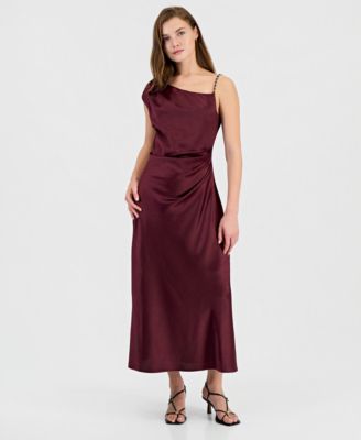 Women's Satin One-Shoulder Jewel-Strap Maxi Dress