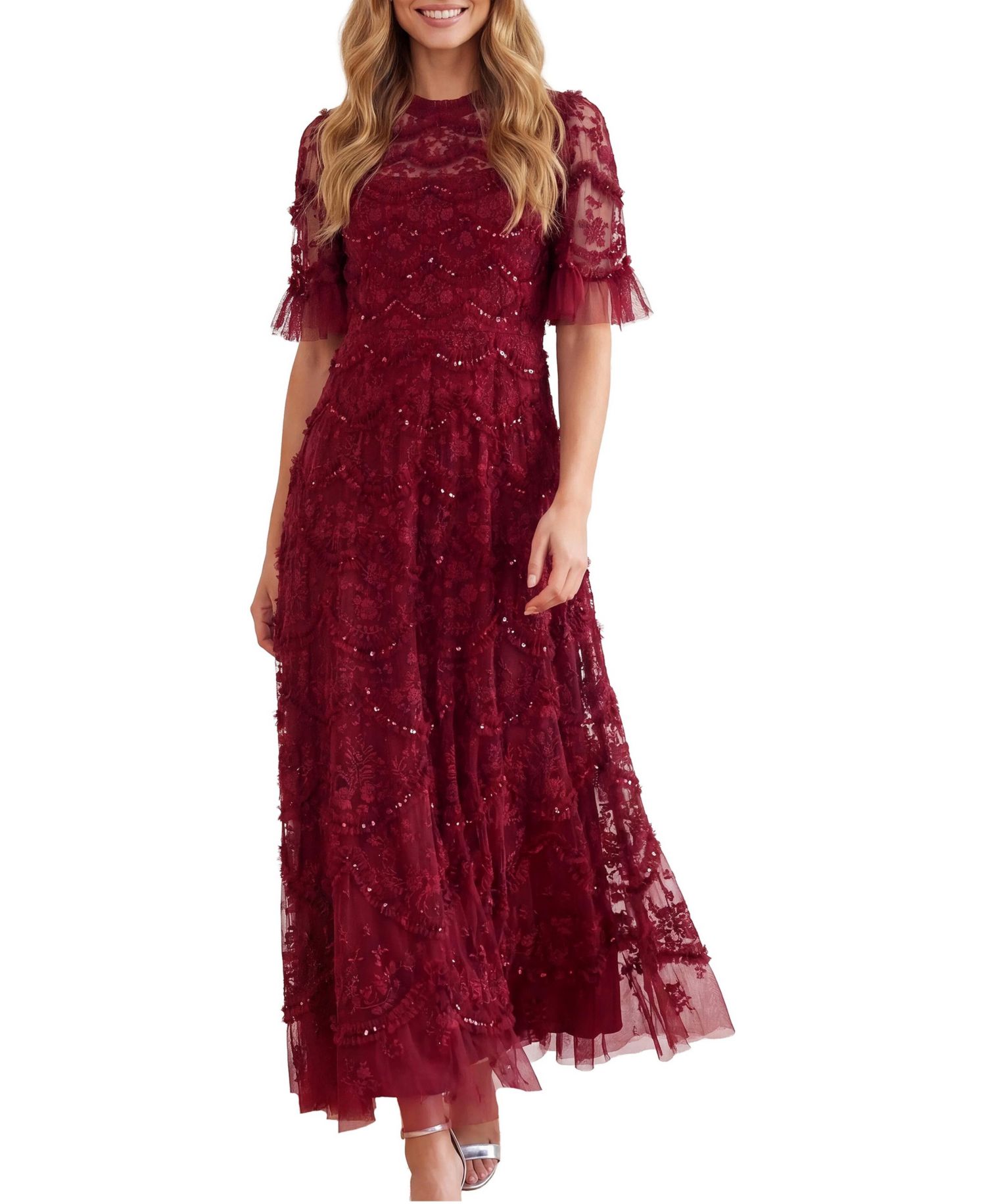 Women's Lily Bloom Floral-Print Tiered Sequin Dress