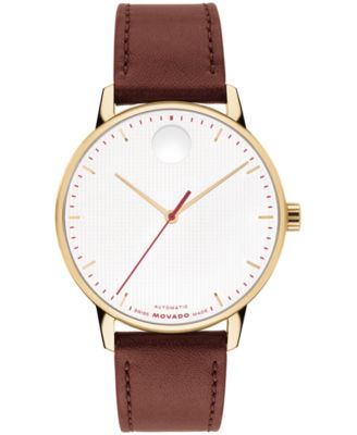 Men's Movado Face Automatic Brown Leather Watch 39mm