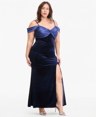 Trendy Plus Size Off-the-Shoulder Velvet Side-Slit Gown