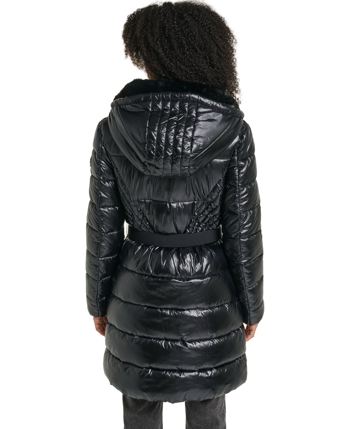 Женская куртка KARL LAGERFELD PARIS Hooded Belted Faux-Fur Collar Puffer Coat, Created for Macy's, цвет: Чёрный — фото 5