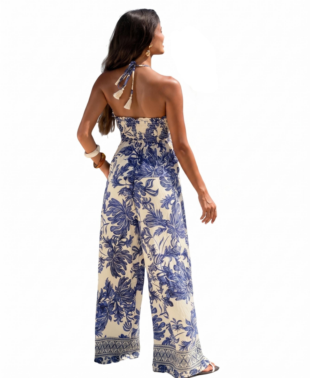 Cupshe Women's Porcelain Floral Halter Peplum Top and Wide Leg Pants Two-Piece Set