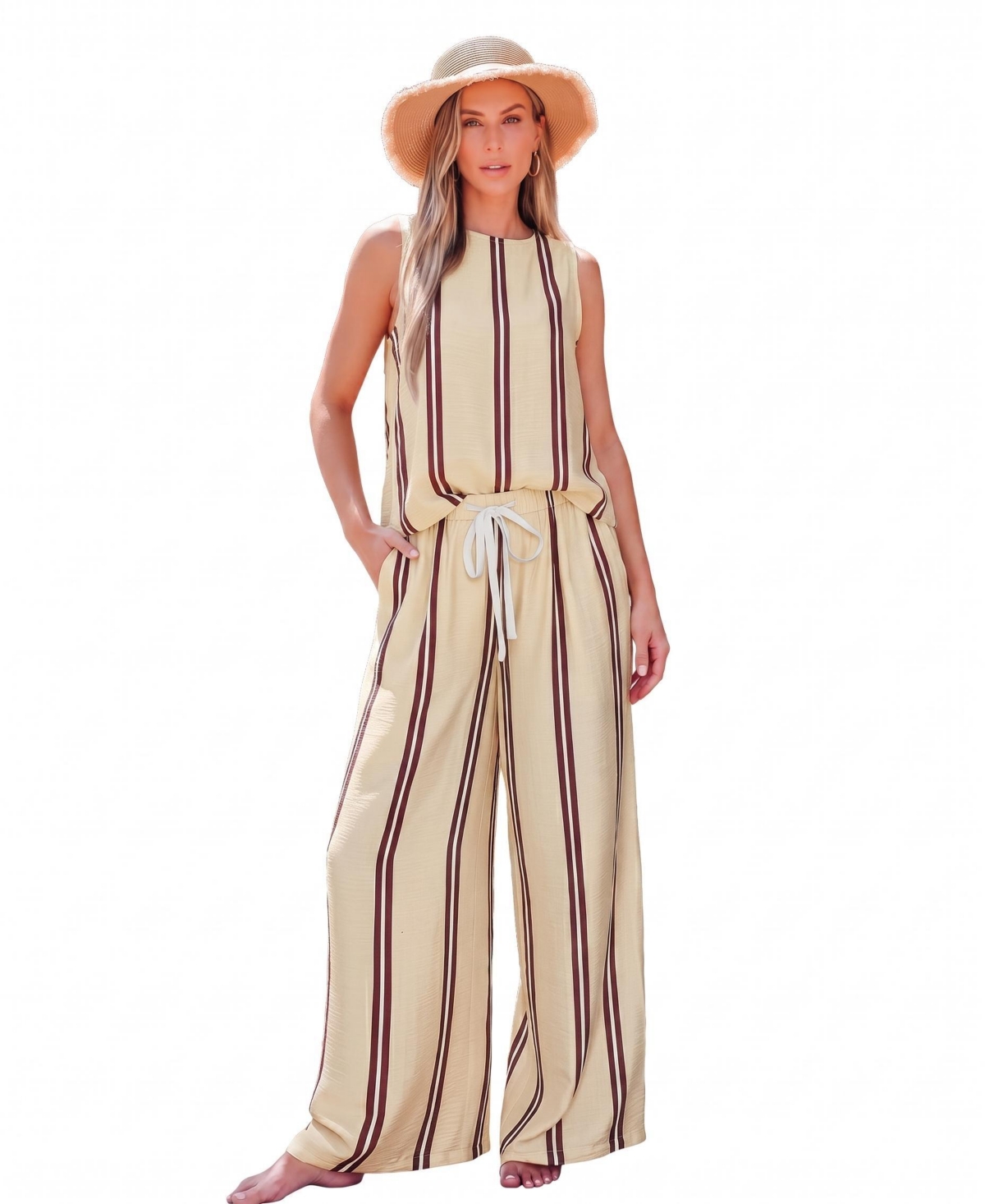 Cupshe Women's Vertical Stripe Sleeveless Wide Leg Two-Piece Matching Set - Light/pastel yellow