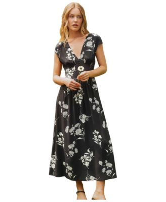 Women's V-Neck Cap-Sleeve A-Line Midi Dress