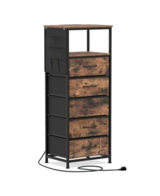 Tall Nightstand with Integrated Charging Station 39 Inch Bedside Tower Featuring 5 Fabric Drawers