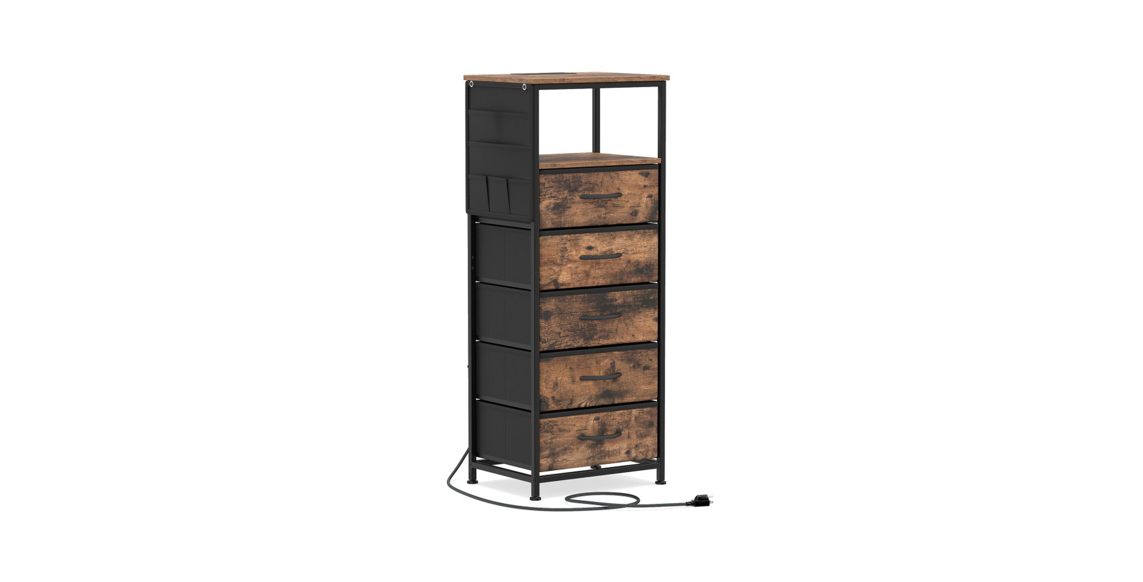 Sugift Tall Nightstand with Integrated Charging Station 39 Inch Bedside Tower Featuring 5 Fabric Drawers