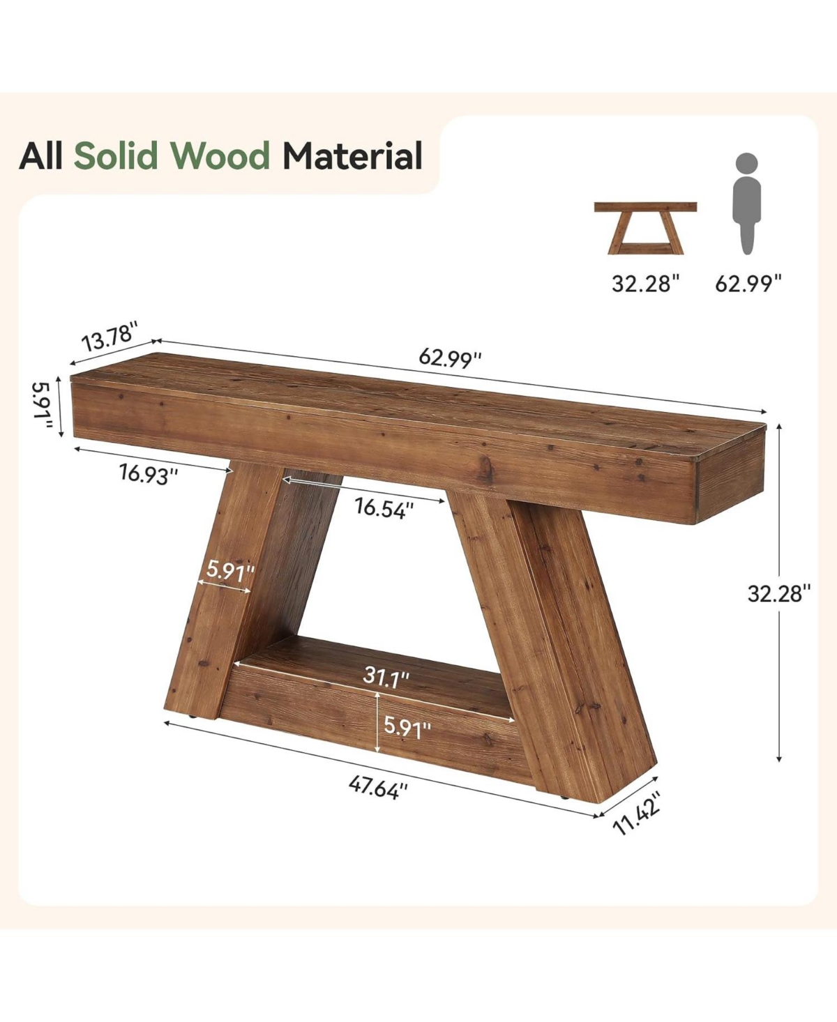 Tribesigns 63" Rustic Solid Wood Console Table With Angled Legs and Lower Shelf, Farmhouse Entryway Table