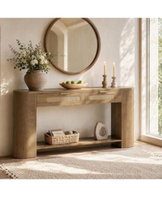 55" Console Table with 2 Rattan Drawers and Shelves