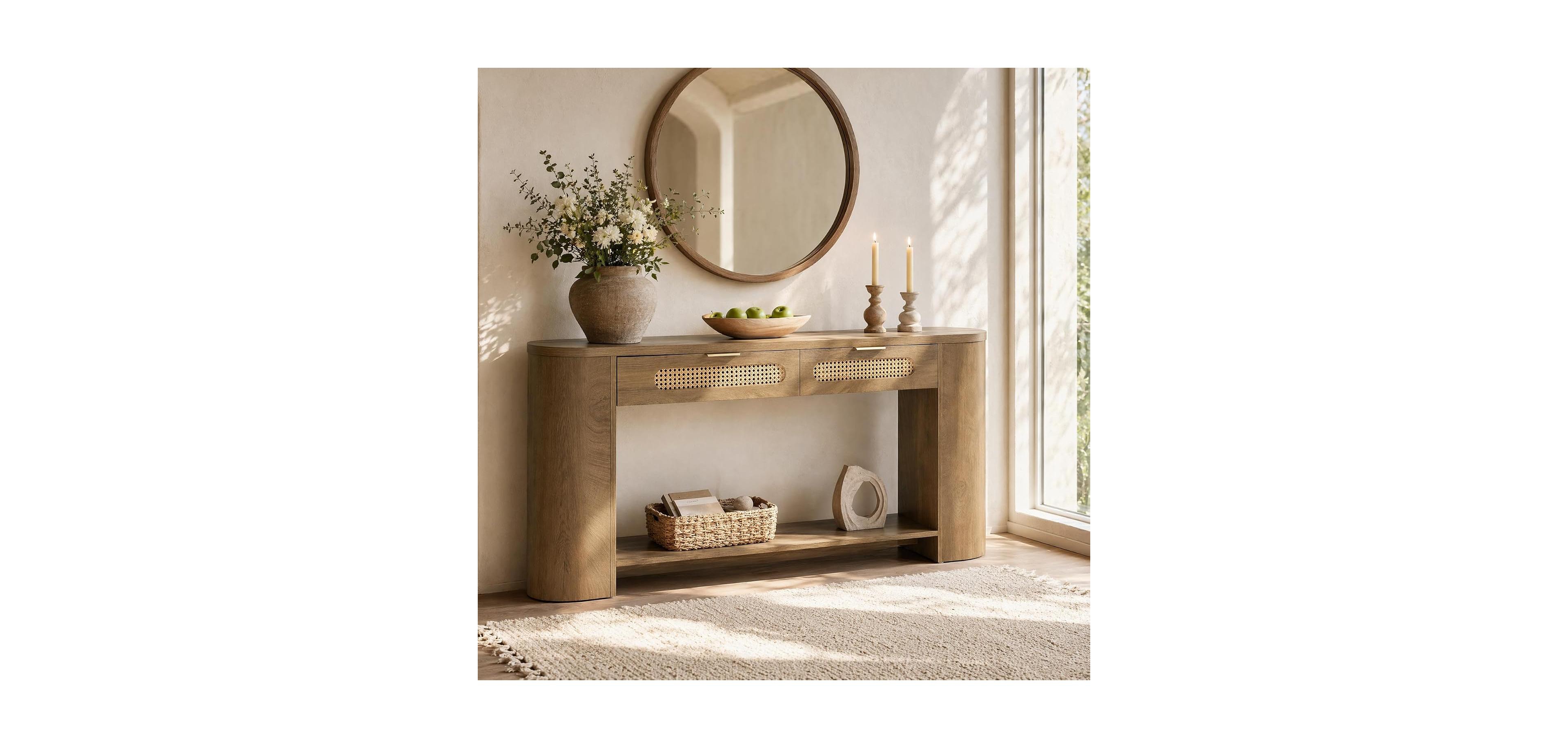 Tribesigns 55" Console Table with 2 Rattan Drawers and Shelves