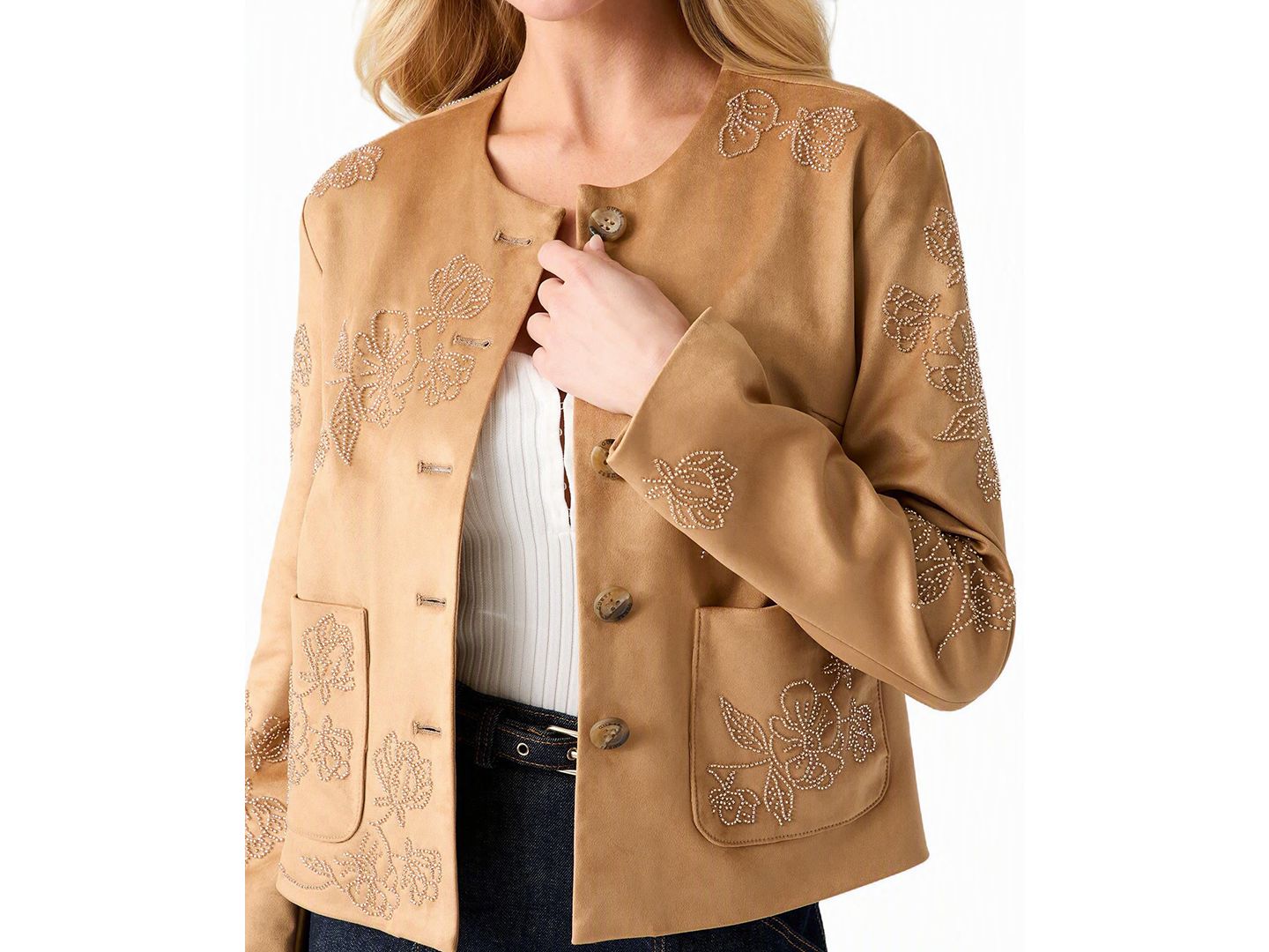 Женская куртка GUESS Oceane Faux-Suede Floral-Embroidered, цвет: Песочный рыжевато-коричневый разноцветный — фото 3