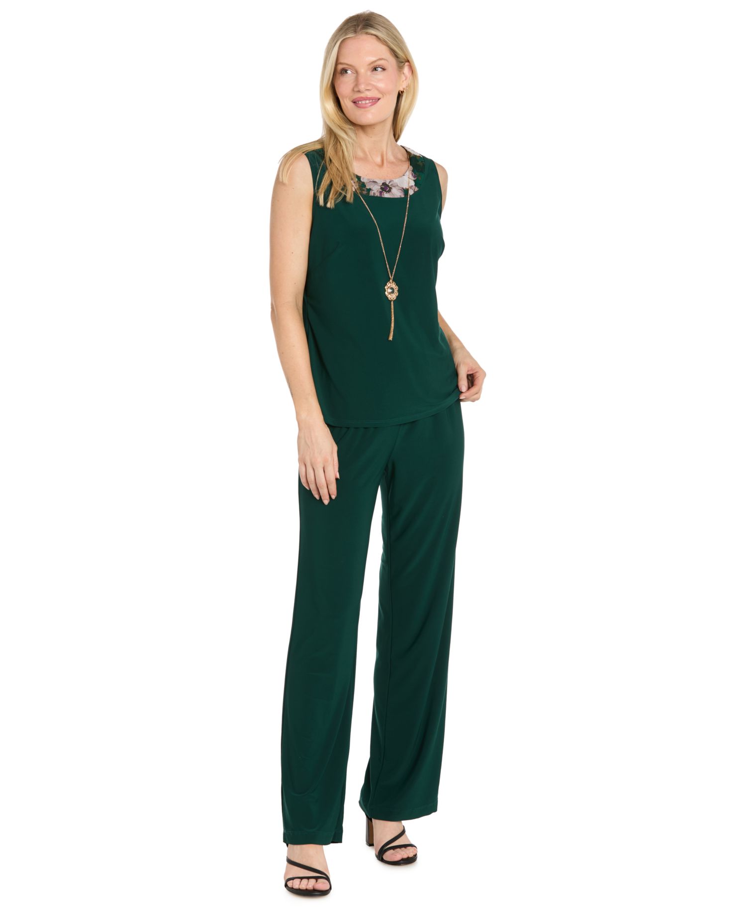 Women's Floral-Print Mesh Wide-Leg Jacket, Cami and Pants Set