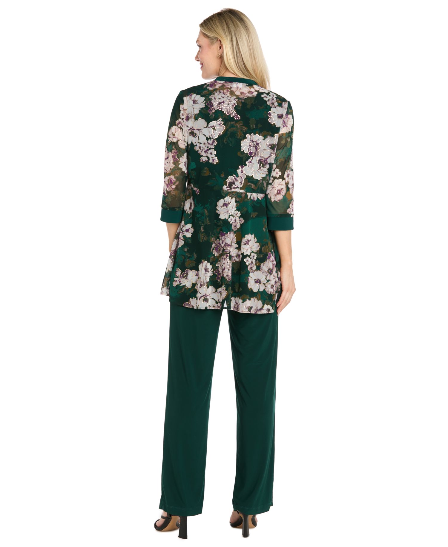 Women's Floral-Print Mesh Wide-Leg Jacket, Cami and Pants Set