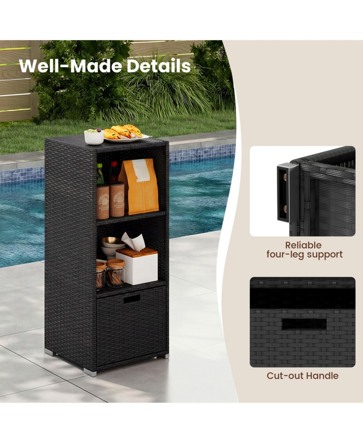 Mecale Outdoor Wicker Storage Tower, 43.5 Tall, with Removable Drawer