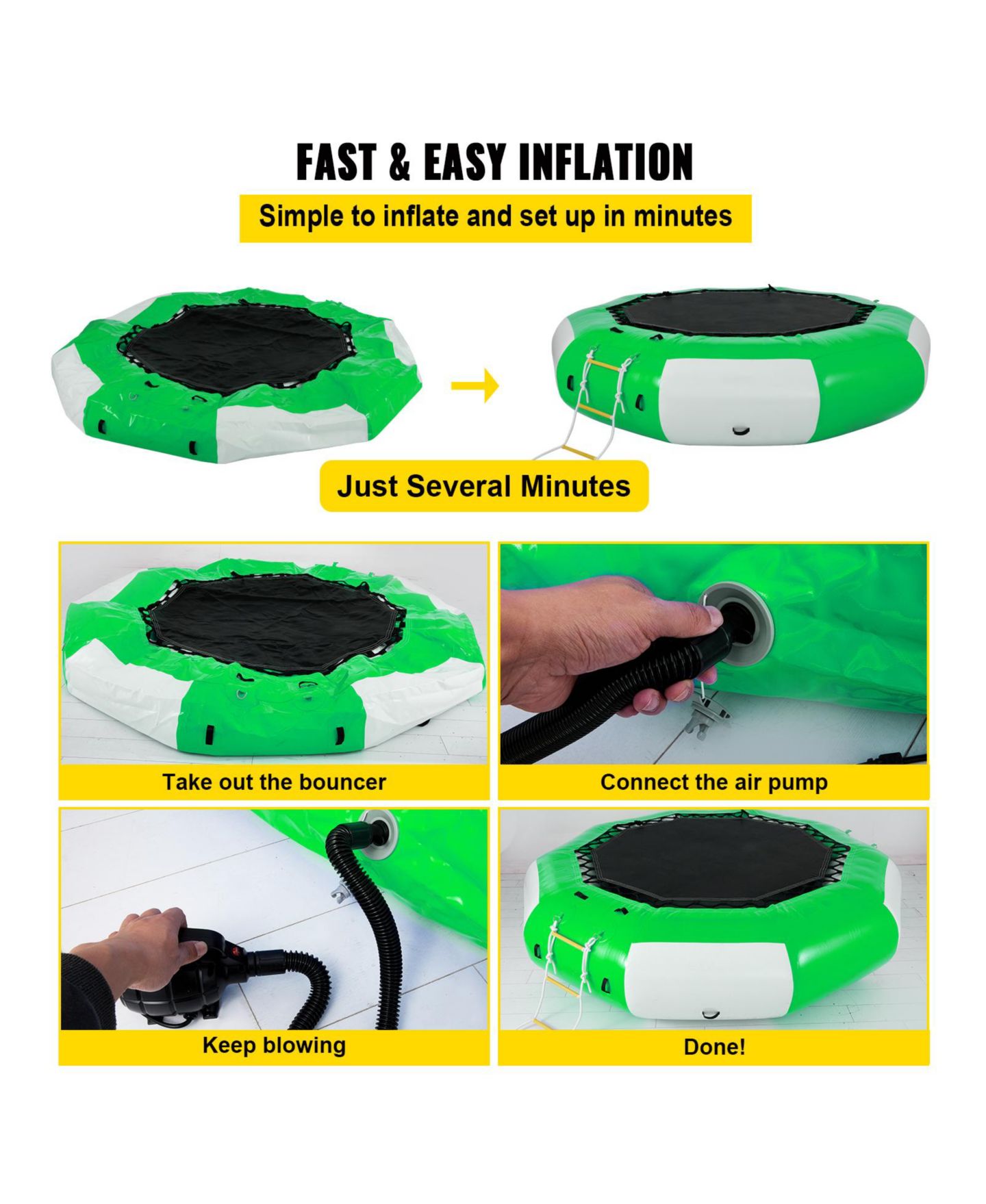 Детская игрушка SEVORLEY 10-Foot Inflatable Water Trampoline with Ladder, 880 Pounds, Ages 6+, цвет: Зелёный / Белый — фото 4