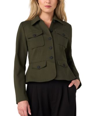 Petite Peplum Button-Front Super Stretch Knit Ponte Jacket
