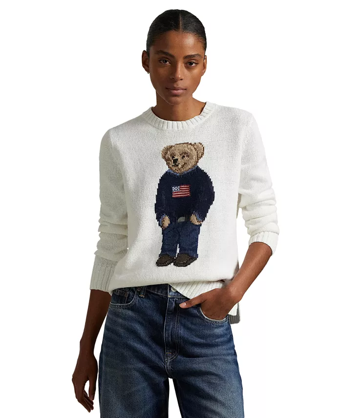 Women's Polo Bear Linen-Cotton Crewneck Sweater