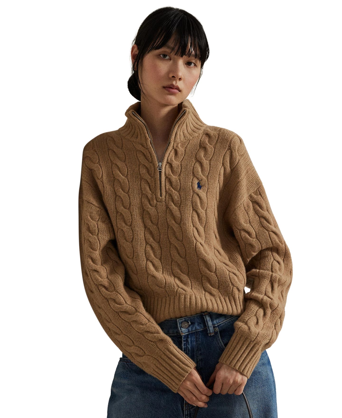 Женский свитер Polo Ralph Lauren Cable-Knit Half-Zip Wool-Cashmere, цвет: Верблюжий меланжевый — фото 1