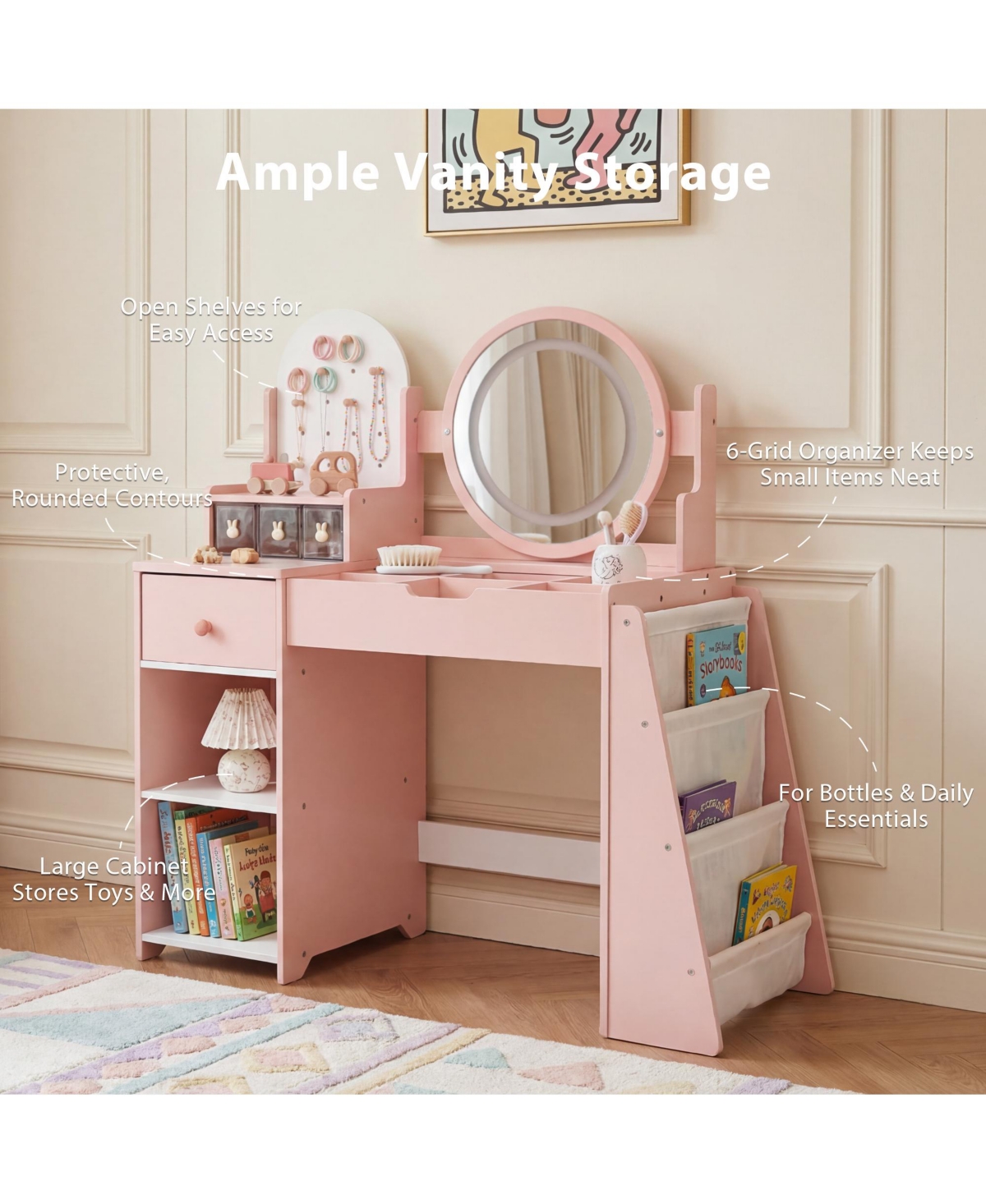 Kinder King Led-Lighted Mirror Vanity Set with Storage Drawer and Stool, 2-Piece, Ages 3+