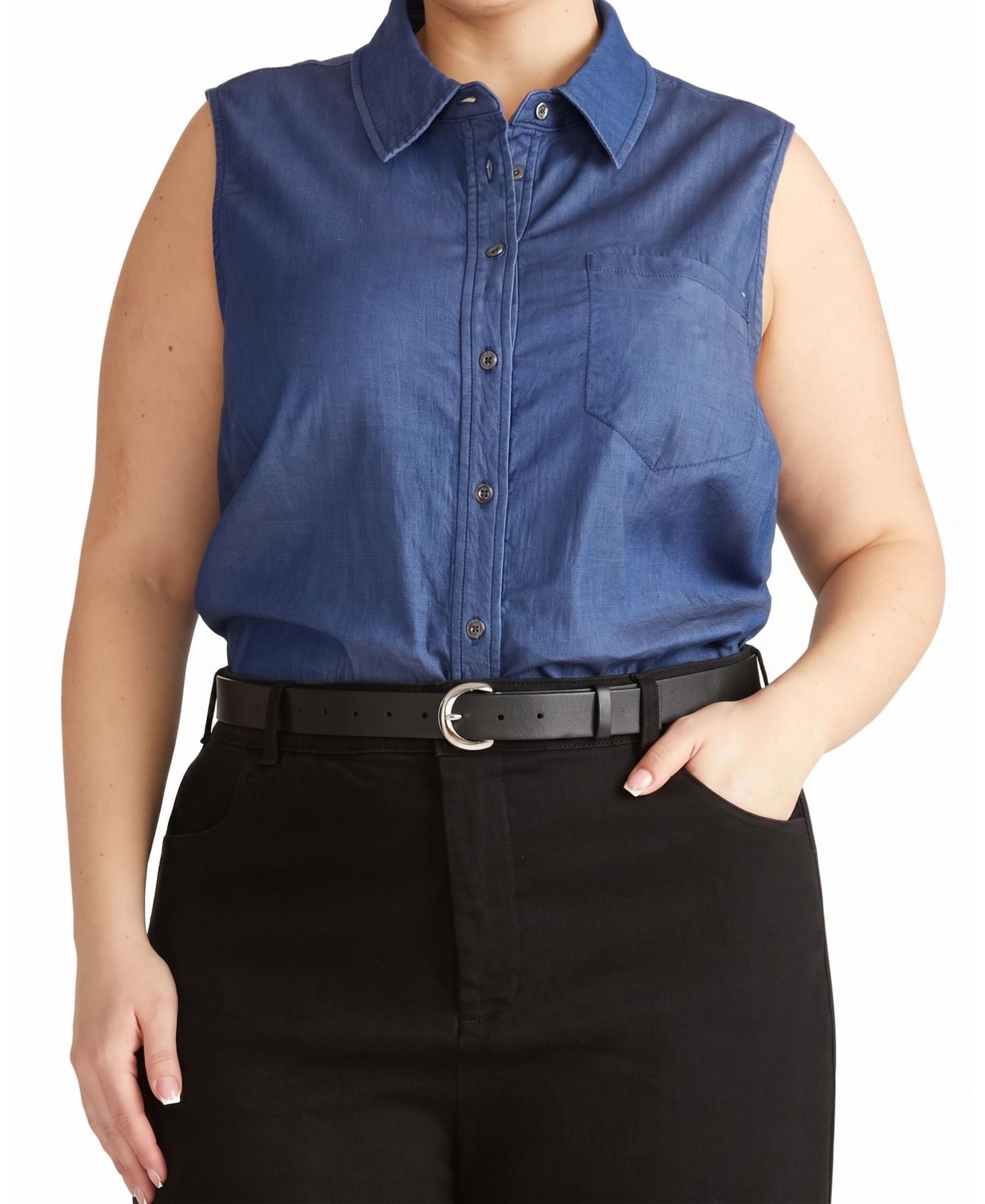 Plus Size Chambray Sleeveless Button-Front Shirt