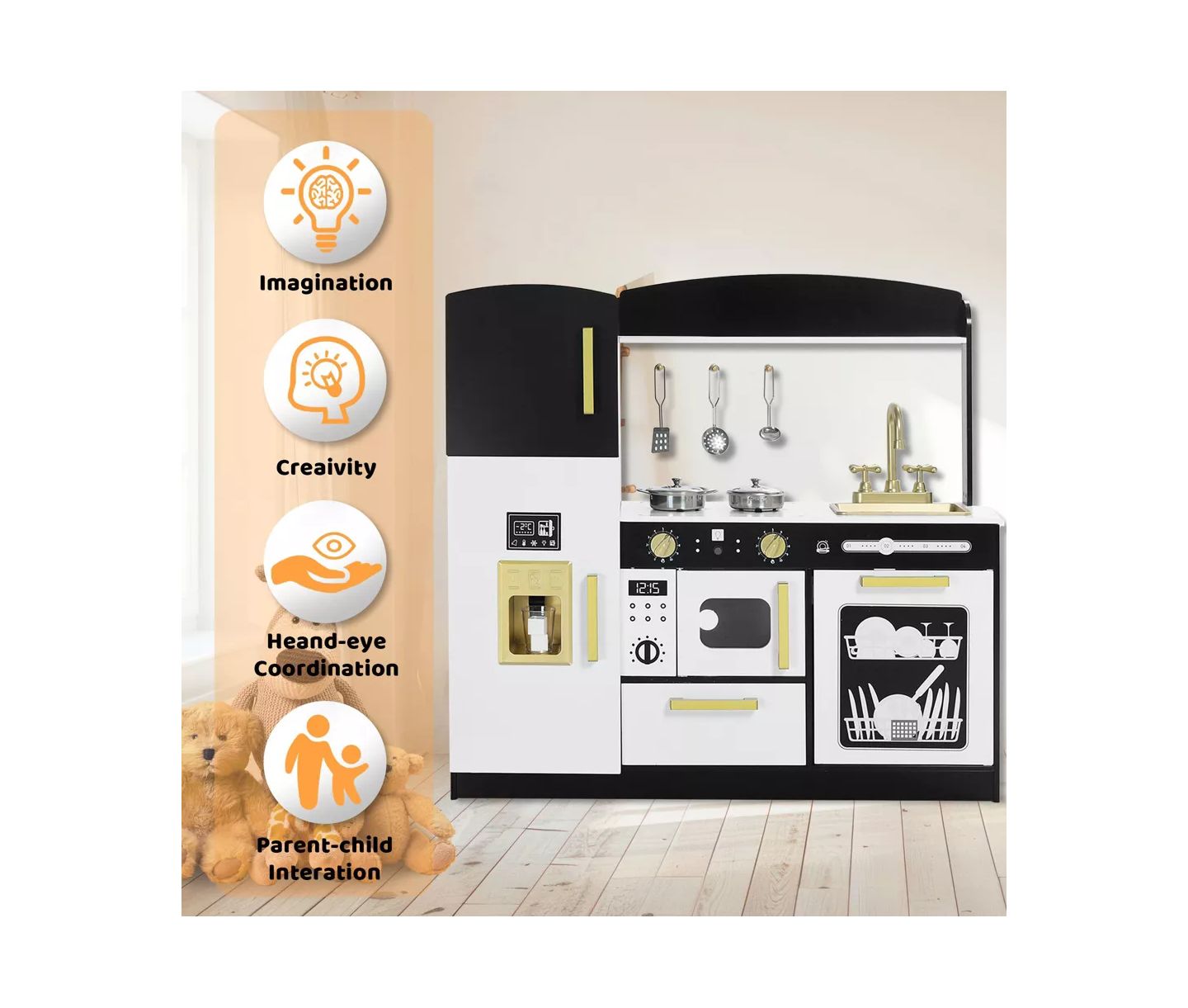 Детская игрушка Kinder King Wooden Pretend Play Kids Kitchen, Toy Kitchen Playset With Oven, Microwave for Boys Girls Age 3+, цвет: Тёмный серый — фото 5