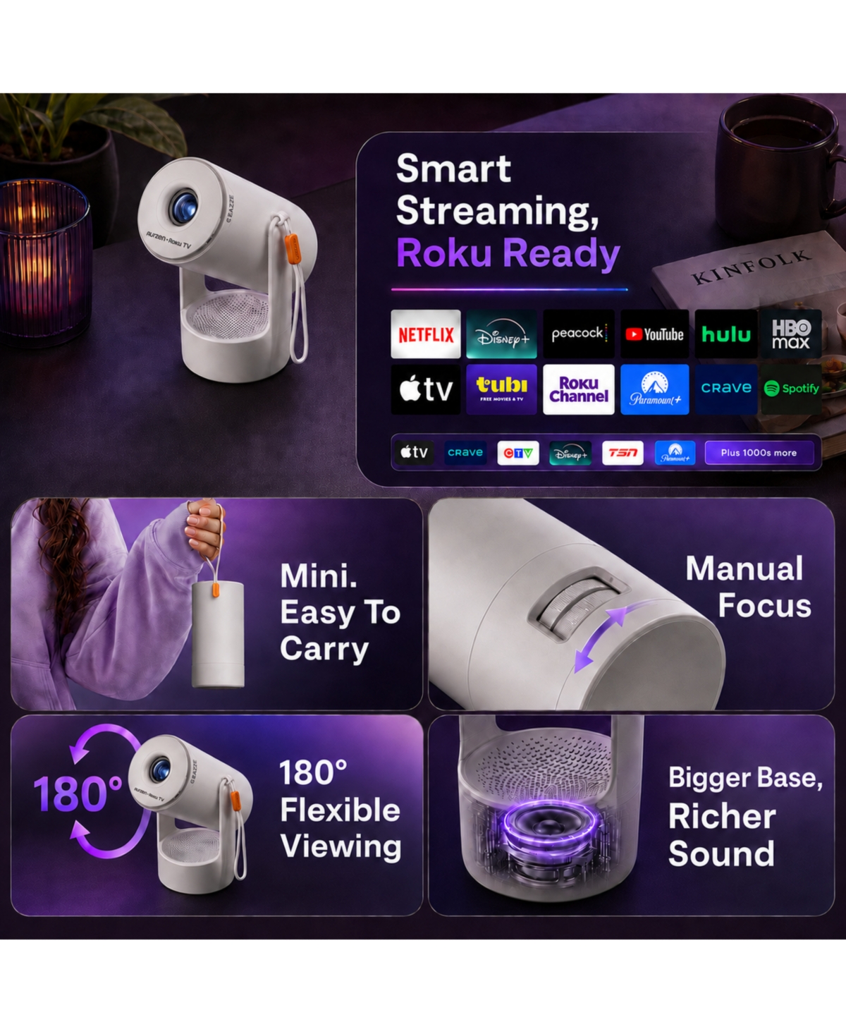 Aurzen Ultra-Portable Roku Tv Mini Projector with WiFi and Bluetooth, Upgraded Sound Base, 180degree(s) Rotation, Auto Vertical Keystone, and Zoom