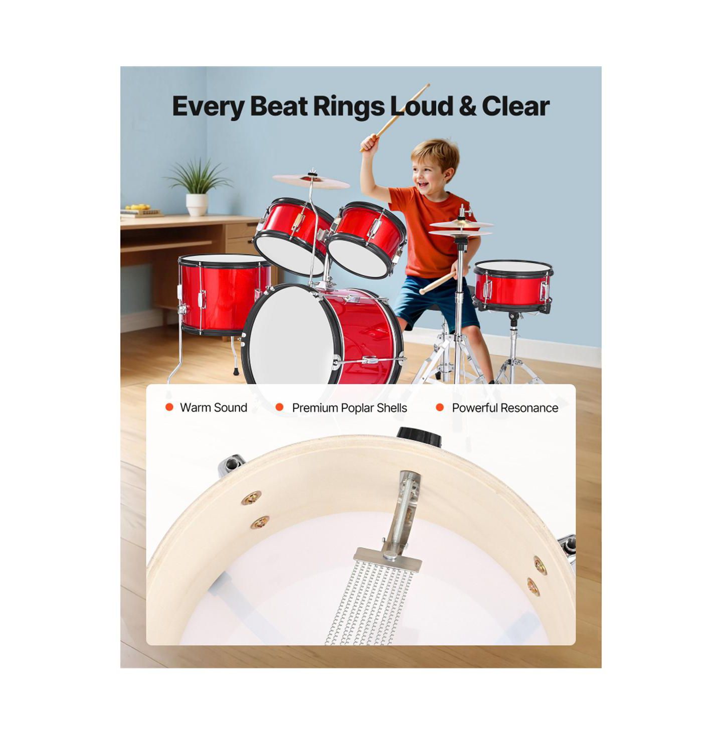 Детские игрушки YOBTOP Kids Adjustable 5-Piece Drum Set, Ages 6+, цвет: Красный — фото 4