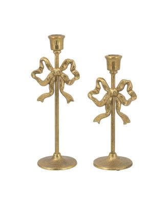 Set of 2 Cast Iron Candle Holders - Vintage European Bow Design, Pedestal Base Candlestick, Decorative Home Accent