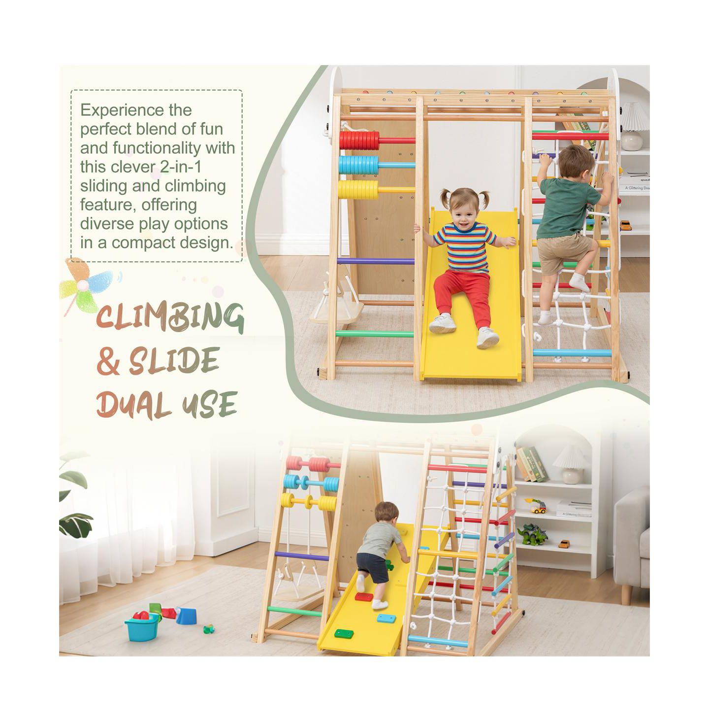 Детская игрушка YOBTOP 9-in-1 Foldable Wooden Climbing Frame with Slide, 176 lbs Capacity, Ages 3+, цвет: Натуральный — фото 9