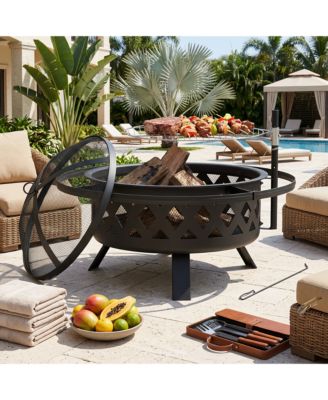 30in Outdoor Fire Pit With Grill, Steel Fire Bowl for BBQ Camping Picnic, Garden Patio Heater Charcoal Log Wood Burner