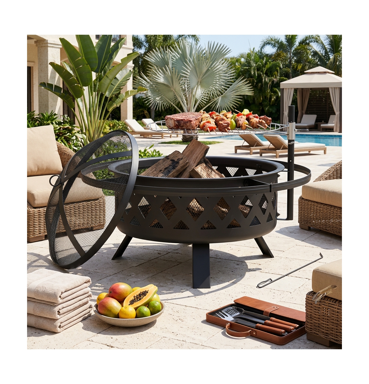 Aoxun 30in Outdoor Fire Pit With Grill, Steel Fire Bowl for Bbq Camping Picnic, Garden Patio Heater Charcoal Log Wood Burner
