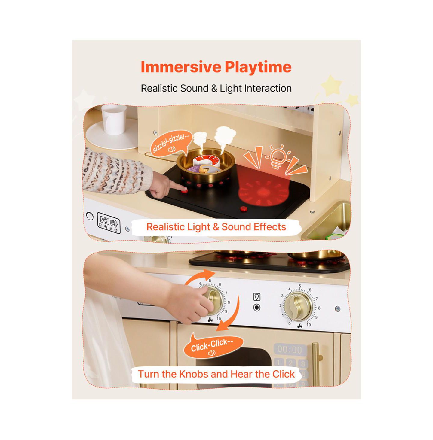 Детские игрушки YOBTOP Interactive Lights and Sounds Play Kitchen Set, Ages 3+, цвет: Бежевый — фото 7