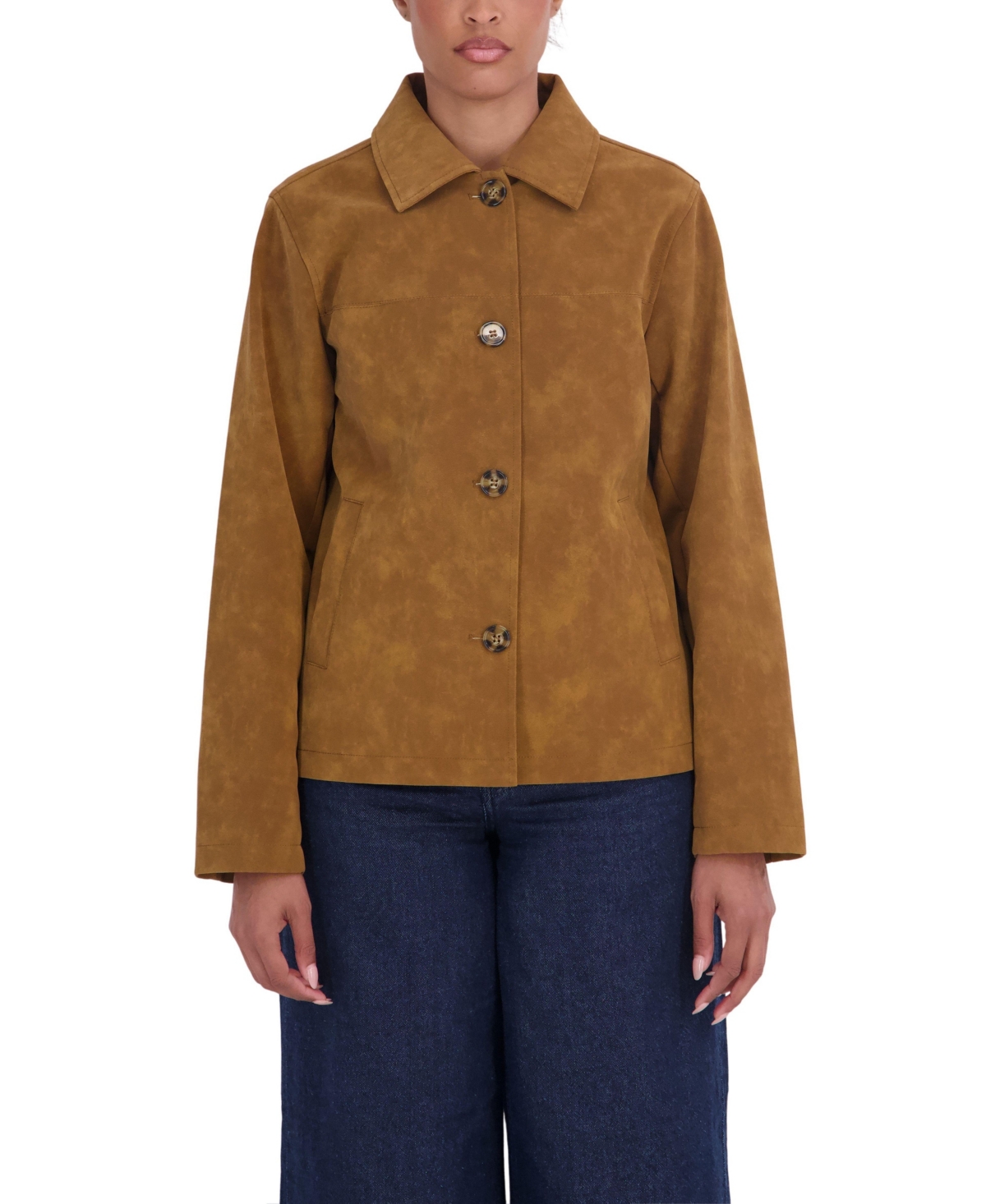 Sebby Collection Women's Nubuck Faux Leather Car Coat - Cognac