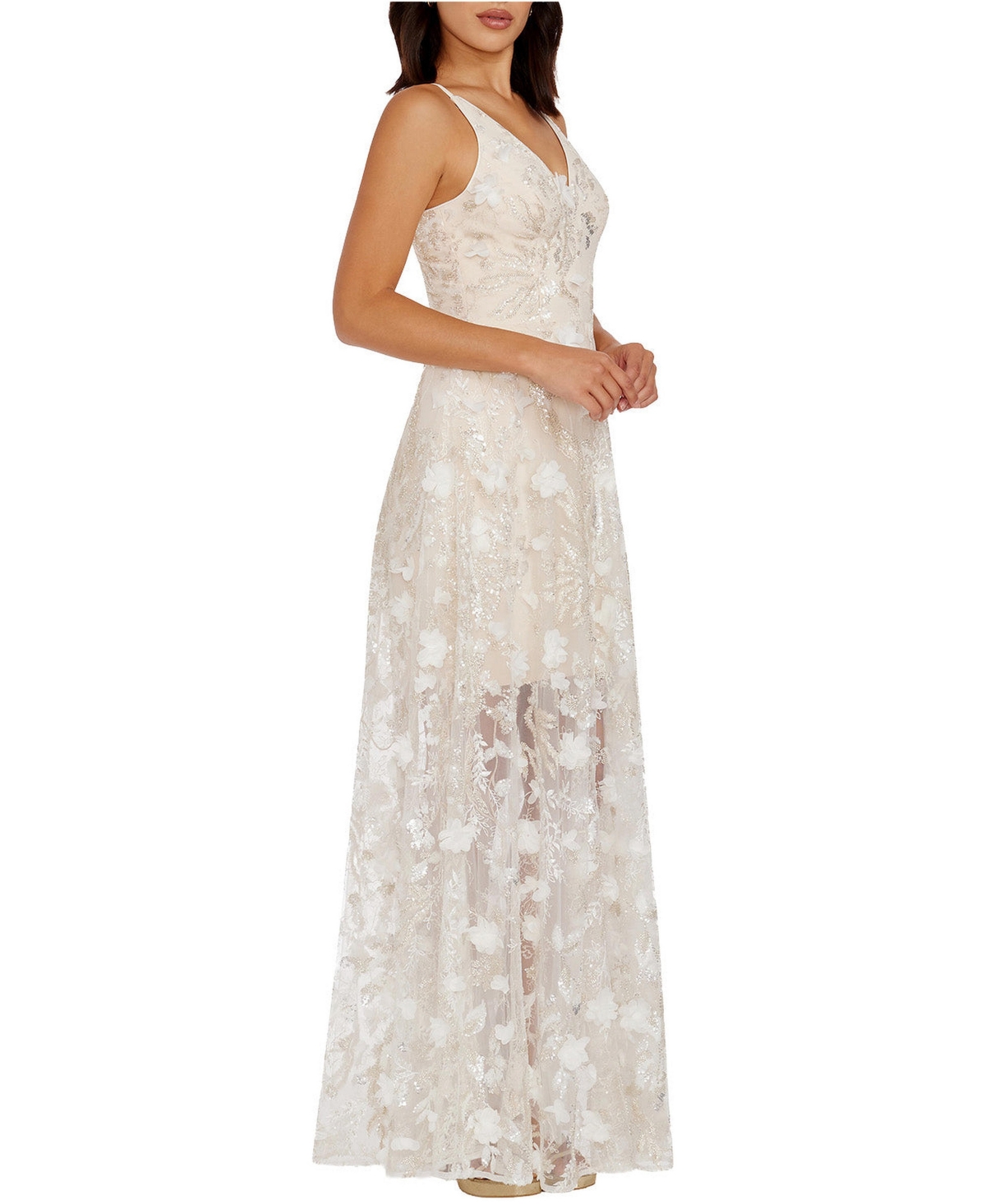 Dress The Population Women's Sidney V-Neck 3D Floral Sequin Sheer Overlay Gown