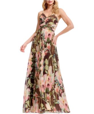 Women's Floral Pleated V-Neck Gown