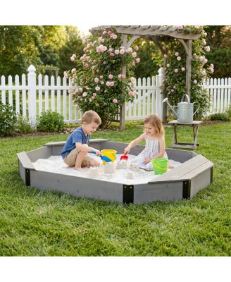 Octagon Solid Wood Sandbox with Bench Seats and Storage, Includes Cover and Liner, Ages 3-8