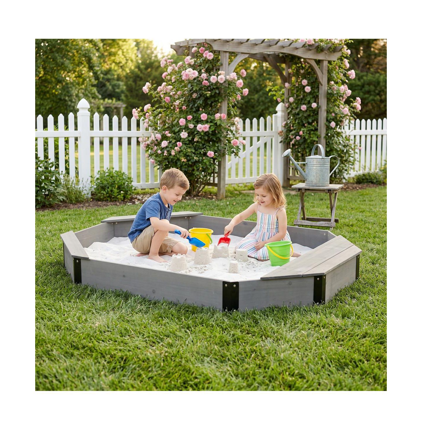 Детская игрушка YOBTOP Octagon Solid Wood Sandbox with Bench Seats and Storage, Includes Cover and Liner, Ages 3-8, цвет: Серый — фото 1