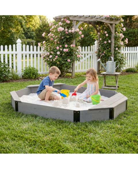 Детская игрушка YOBTOP Octagon Solid Wood Sandbox with Bench Seats and Storage, Includes Cover and Liner, Ages 3-8, цвет: Серый