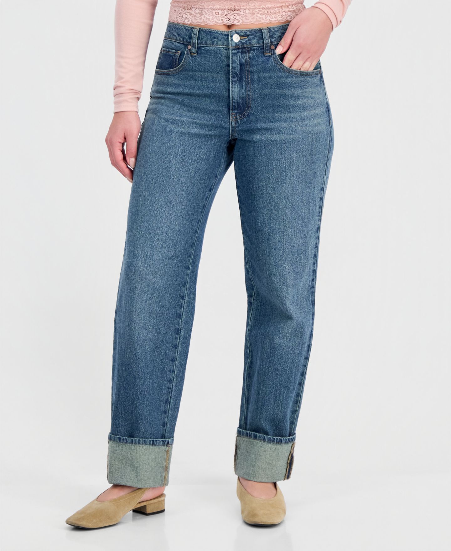Женские джинсы And Now This High-Waisted Cuffed-Hem Straight-Leg, цвет: Средняя варка — фото 3