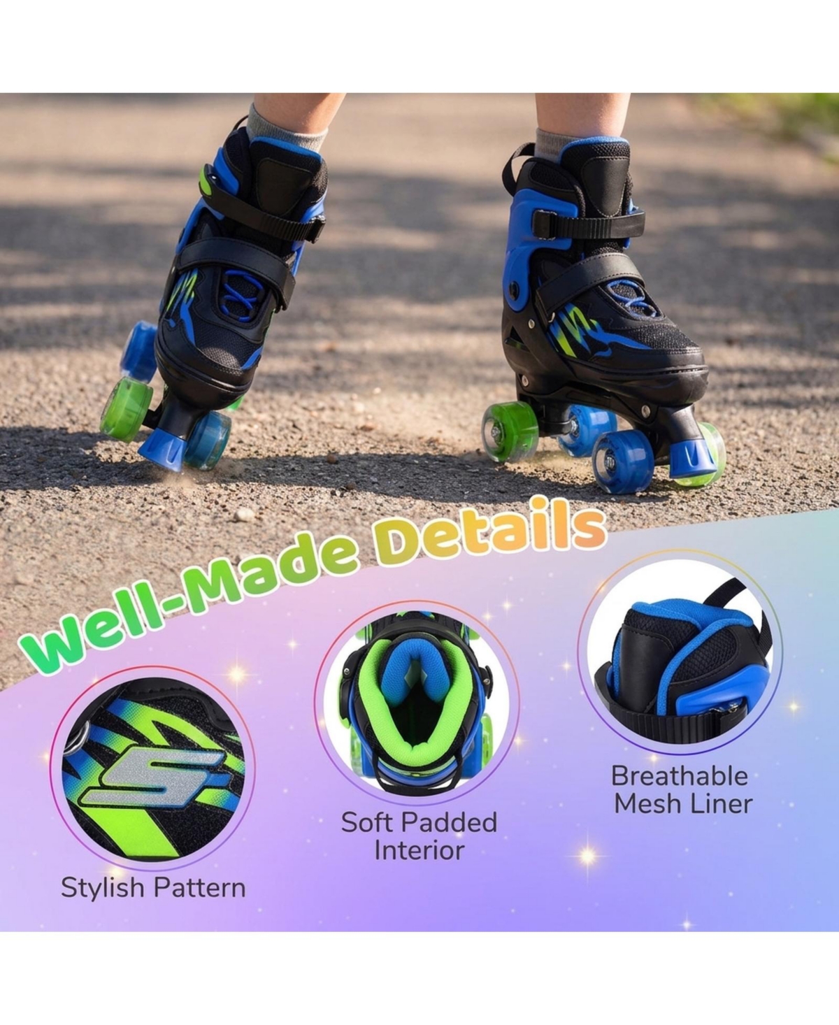 Sugift Quad Roller Skates for Kids and Teens with Expandable Sizing and Light-Up Wheels Ages 9-14