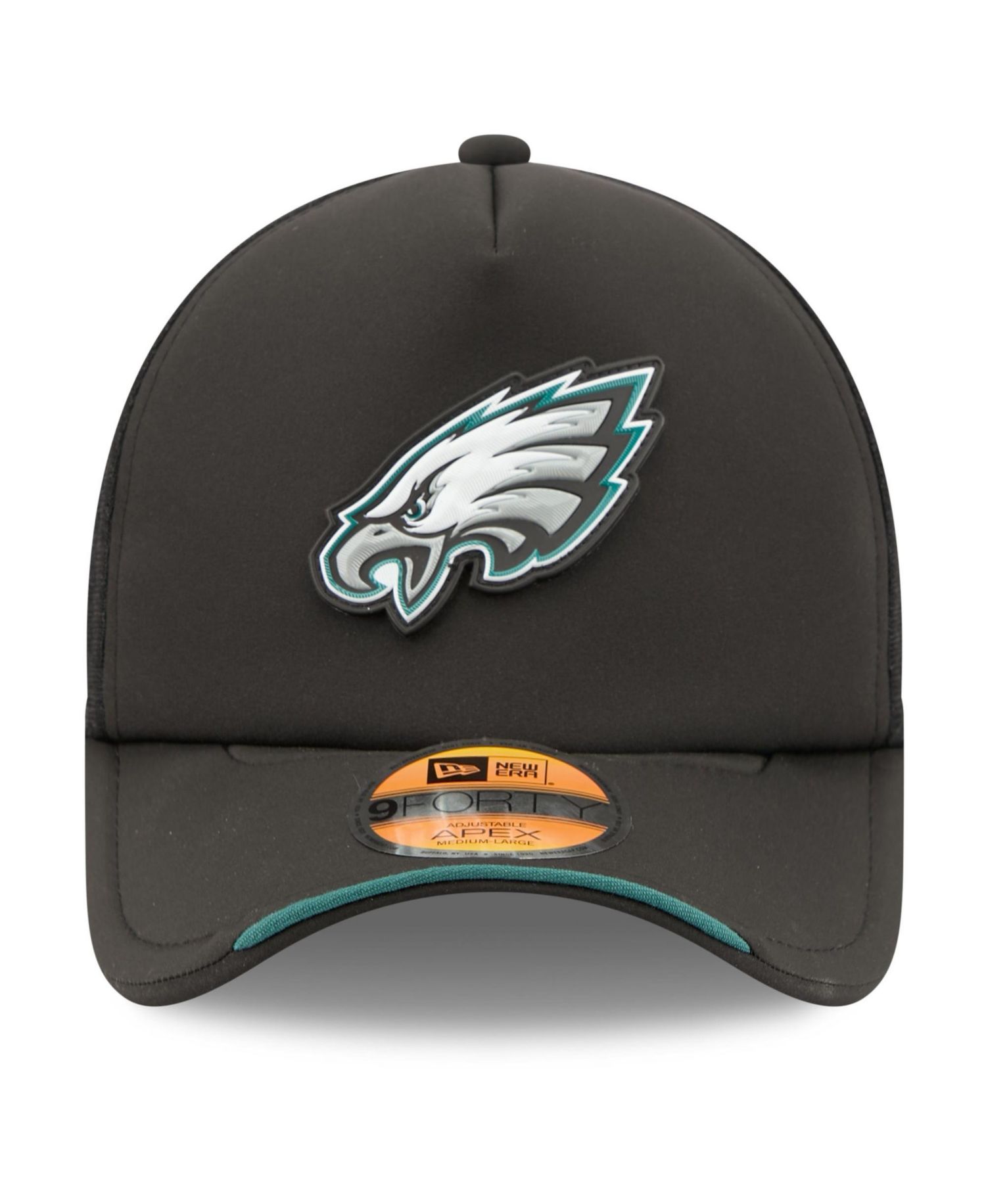 Men's Black Philadelphia Eagles 2026 Sideline Apex 9FORTY Adjustable Trucker Hat