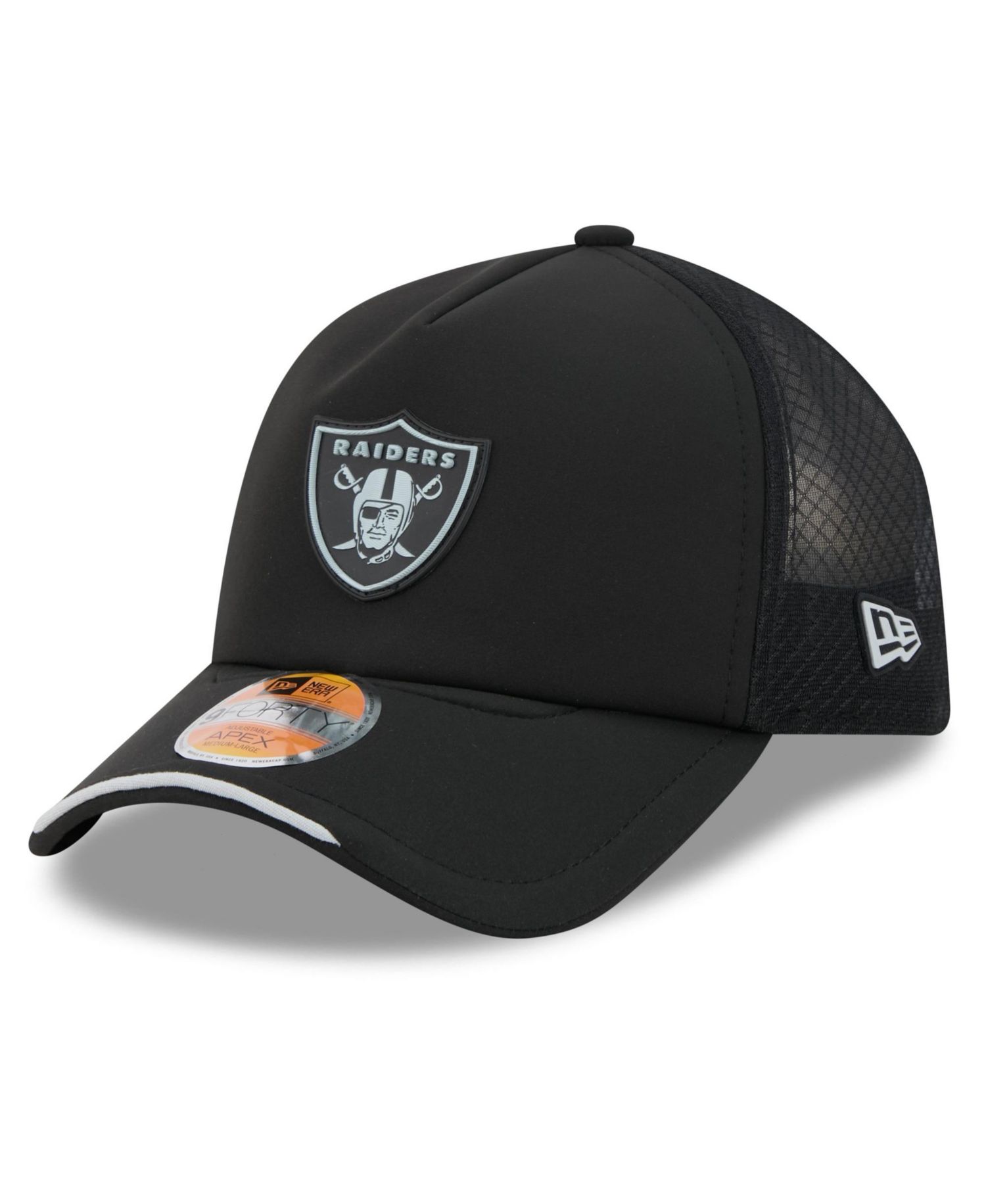 Men's Black Las Vegas Raiders 2026 Sideline Apex 9FORTY Adjustable Trucker Hat