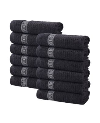 Brea Zero Twist Cotton Ribbed Geometric Border Plush Soft Absorbent 12-Piece Washcloth Set