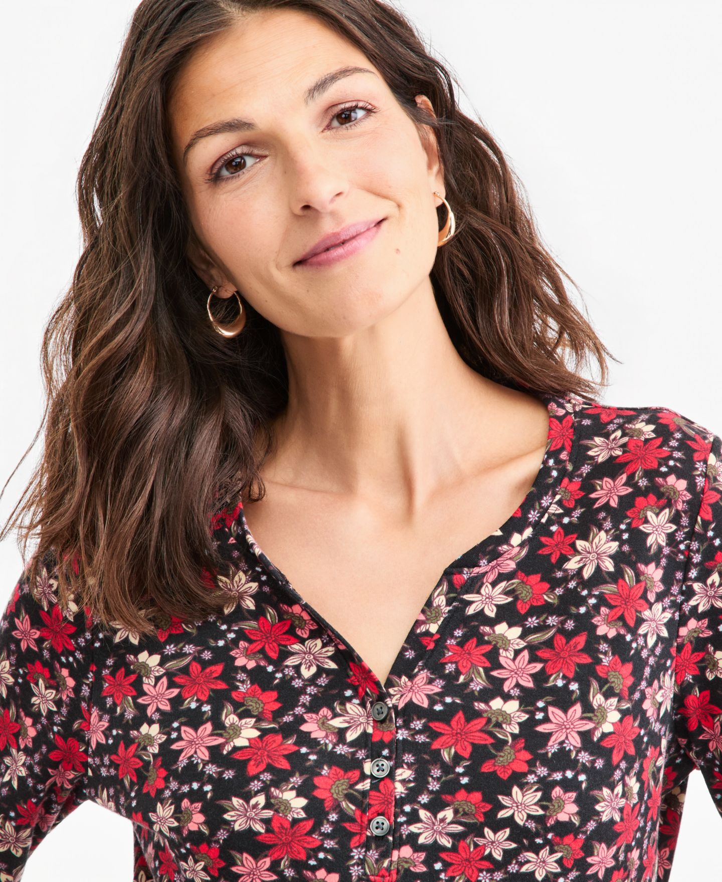 Женский топ Style & Co Petite Printed 3/4-Sleeve Henley, цвет: Глубокий чёрный — фото 2