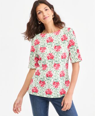 Printed Women's Boat-Neck Elbow-Sleeve Top