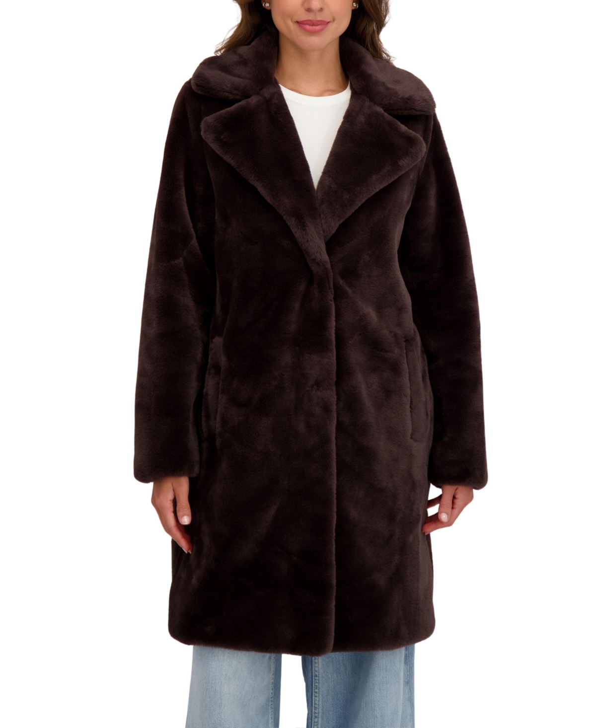 Sebby Collection Women's Faux Fur Notch Collar 3/4 Coat - Brown