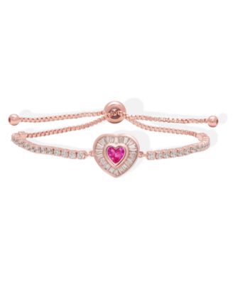 Simulated Pink Sapphire and Pink Cubic Zirconia Heart Adjustable Bracelet
